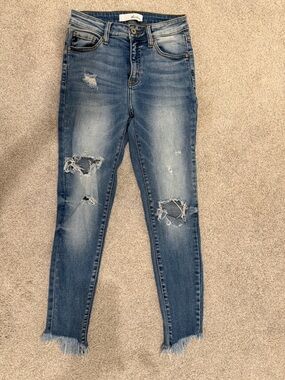 RancanDistressed Light Blue Skinny Jeans with Frayed Hems
